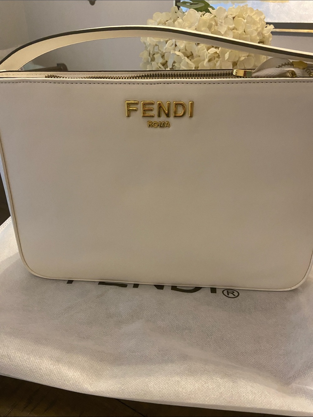 Fendi Cream Leather Shoulder Bag with Gold Hardware